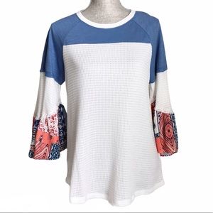 Tribal Jeans Boho Bell Sleeve Waffle Knit Mixed Print Top Medium